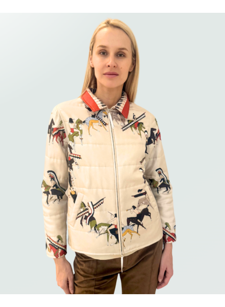 SILK PRINTED QUILTED JACKET WITH ZIP: NATIVE AMERICAN: TAUPE