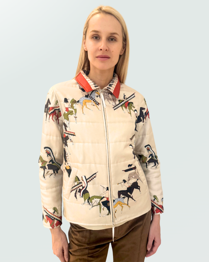 SILK PRINTED QUILTED JACKET WITH ZIP: NATIVE AMERICAN: TAUPE