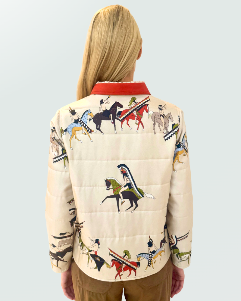 SILK PRINTED QUILTED JACKET WITH ZIP: NATIVE AMERICAN: TAUPE