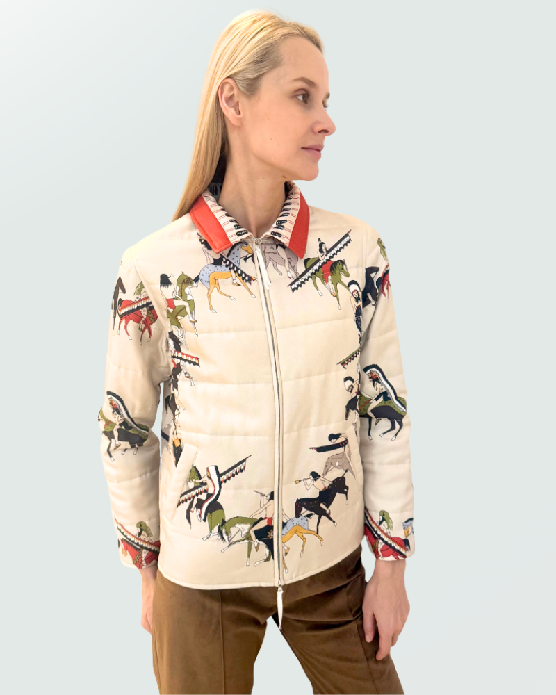 SILK PRINTED QUILTED JACKET WITH ZIP: NATIVE AMERICAN: TAUPE