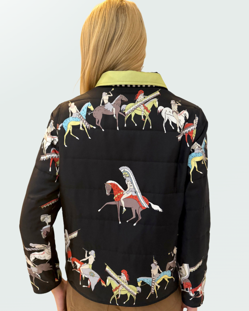 SILK PRINTED QUILTED JACKET WITH ZIP: NATIVE AMERICAN: BLACK