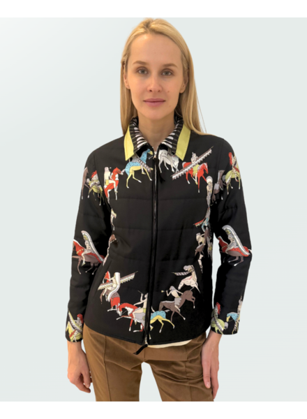 SILK PRINTED QUILTED JACKET WITH ZIP: NATIVE AMERICAN: BLACK