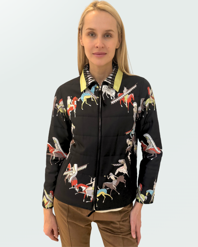 SILK PRINTED QUILTED JACKET WITH ZIP: NATIVE AMERICAN: BLACK