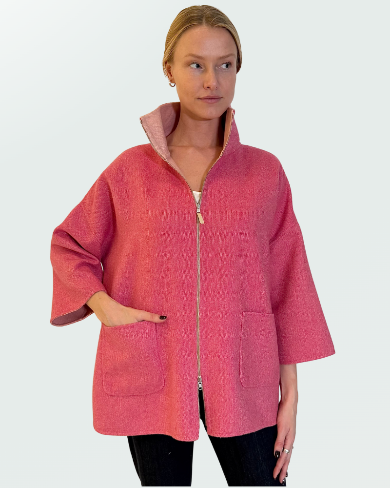 CASHMERE DOUBLE FACE  REVERSIBLE JACKET WITH ZIP: PINK
