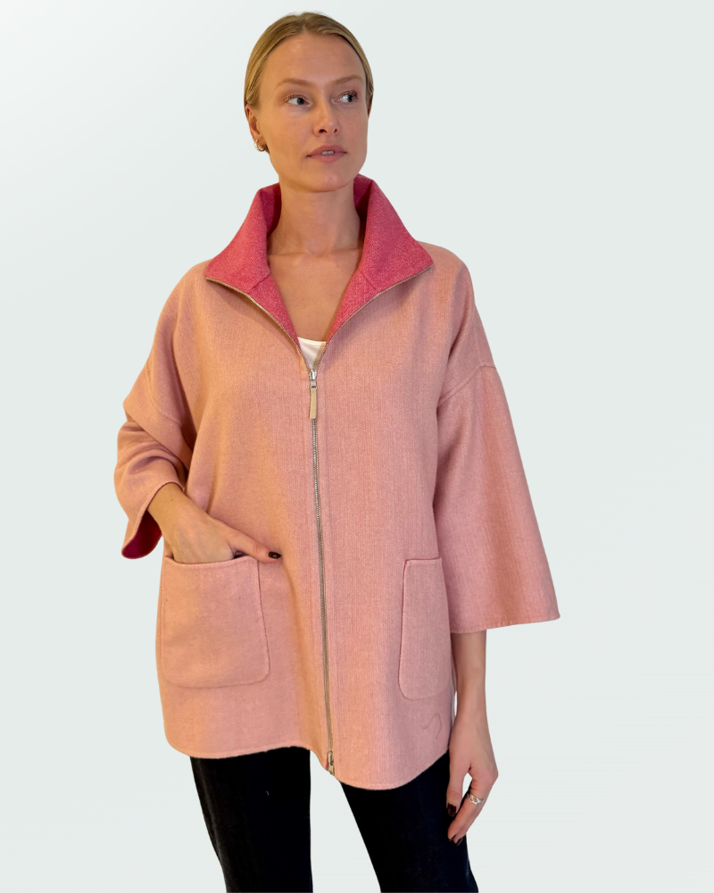 CASHMERE DOUBLE FACE  REVERSIBLE JACKET WITH ZIP: PINK
