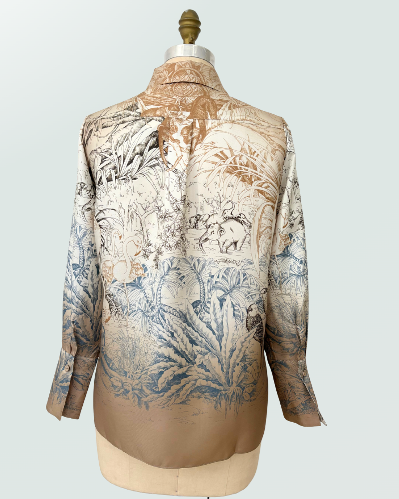 COLLARED SILK PRINTED SHIRT: SAFARI BEIGE