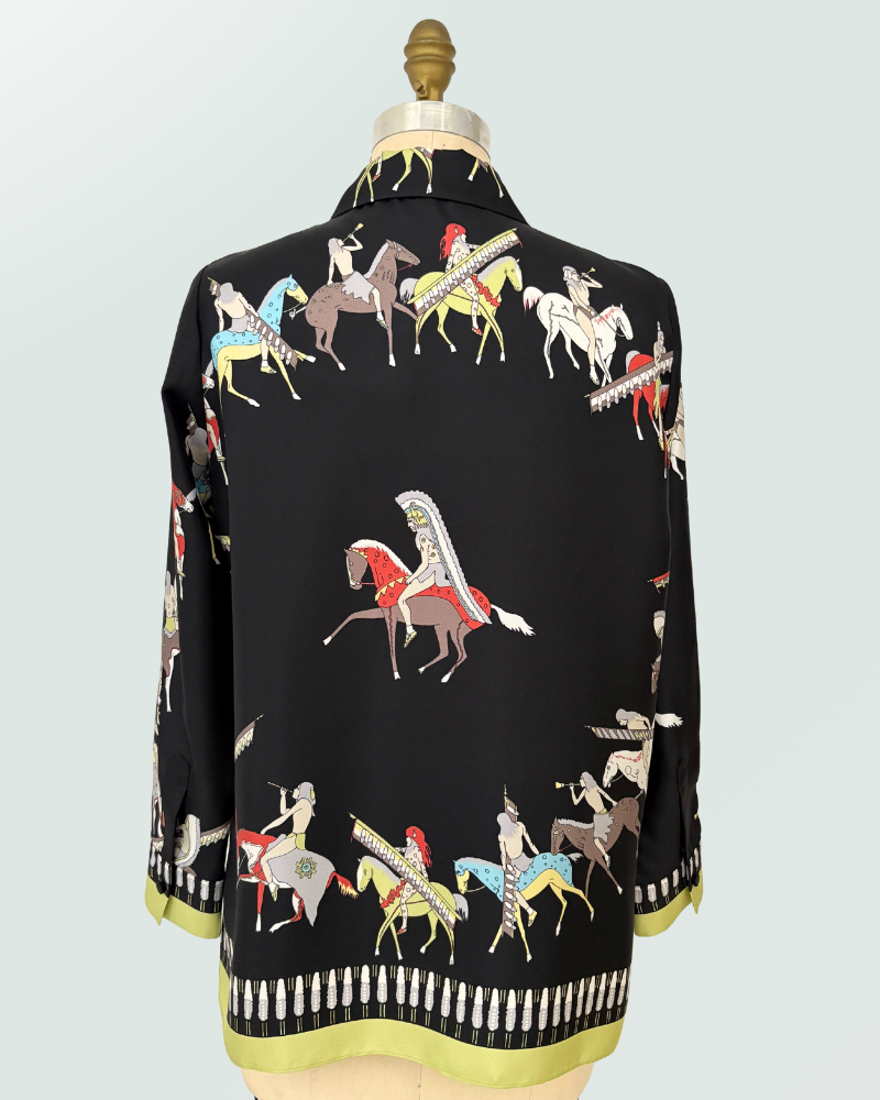COLLARED SILK PRINTED SHIRT: NATIVE AMERICAN: BLACK