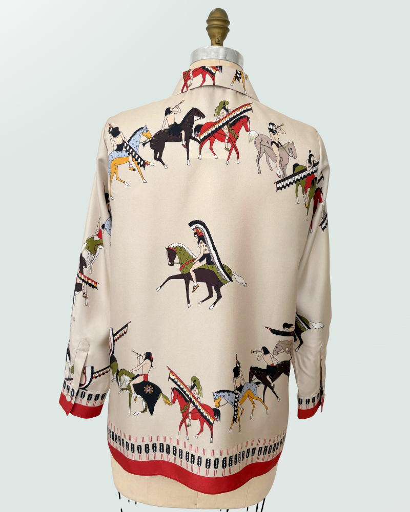 COLLARED SILK PRINTED SHIRT: NATIVE AMERICAN: TAUPE