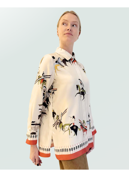 COLLARED SILK PRINTED SHIRT: NATIVE AMERICAN: TAUPE