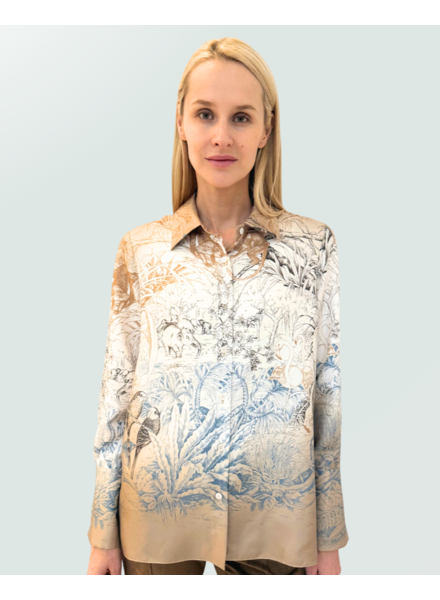 COLLARED SILK PRINTED SHIRT: SAFARI BEIGE