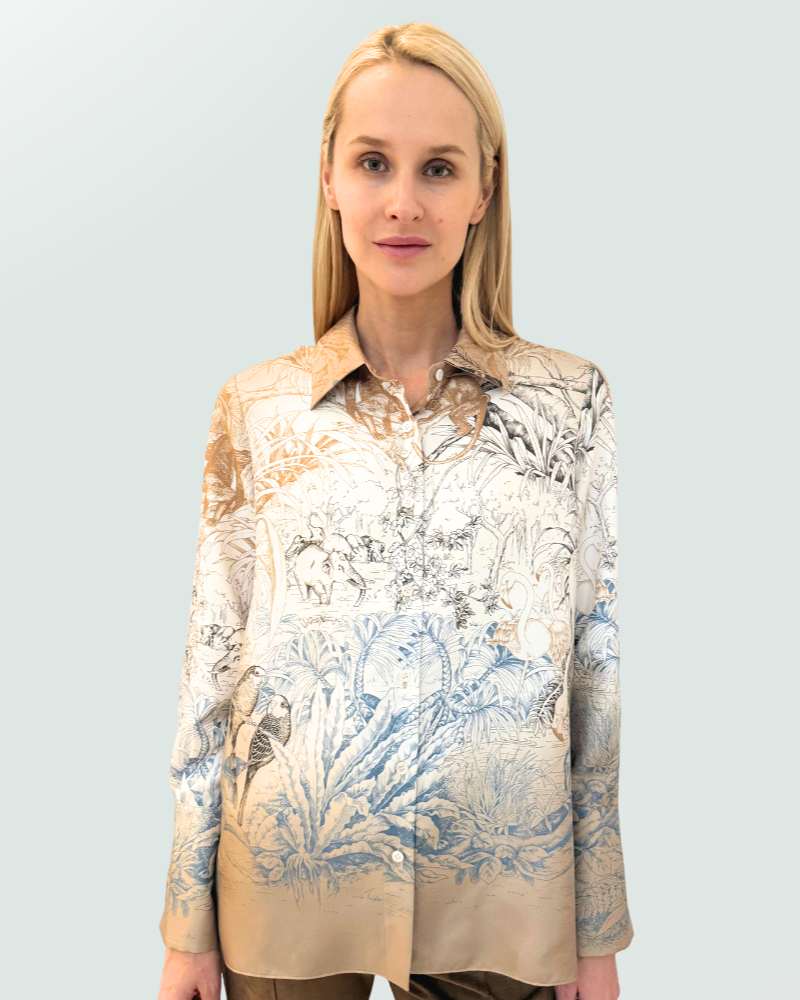 COLLARED SILK PRINTED SHIRT: SAFARI BEIGE