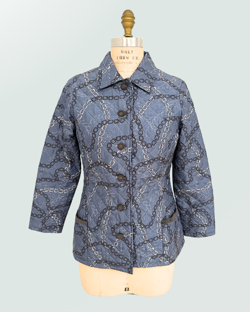 SILK PRINTED QUILTED JACKET:DEVON BLUE