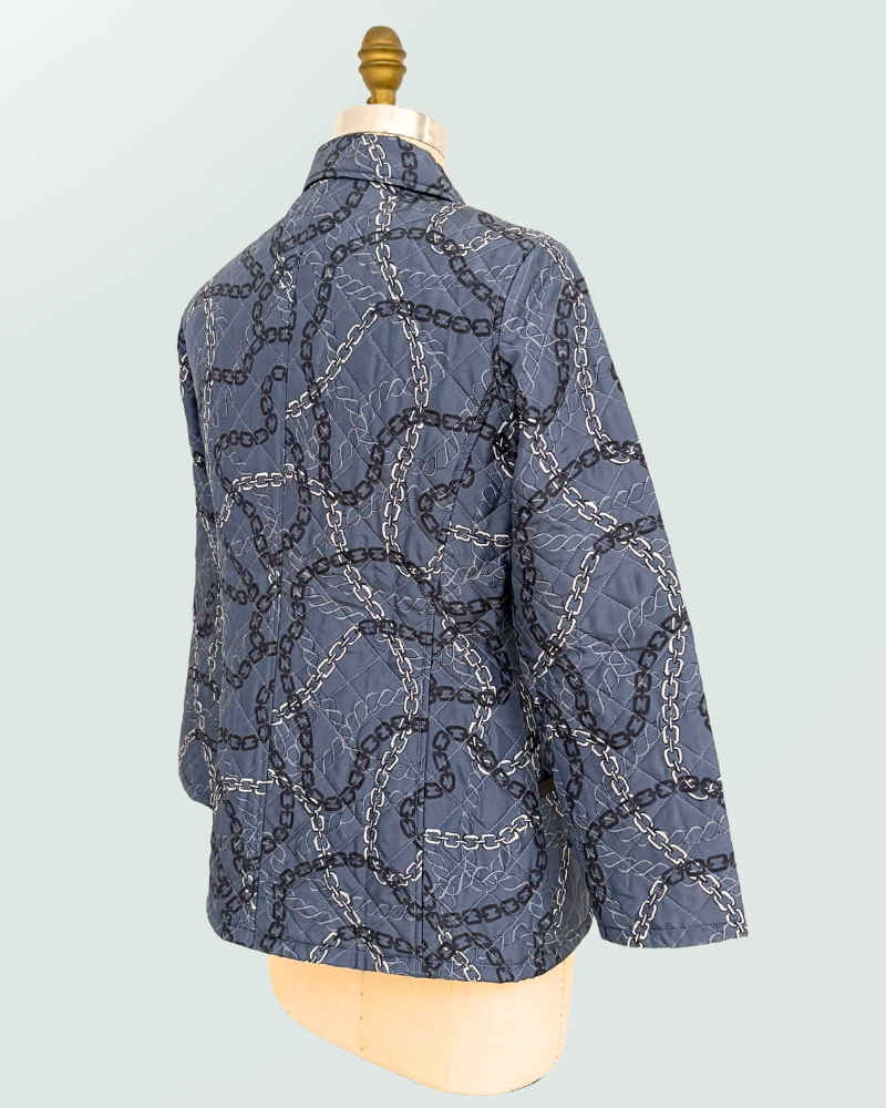 SILK PRINTED QUILTED JACKET:DEVON BLUE