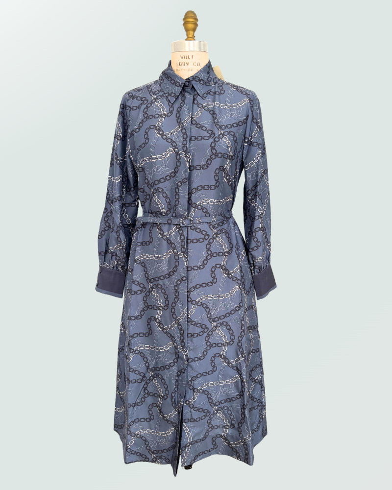 SILK SHIRT DRESS WITH BELT PRINT: DEVON:  BLUE