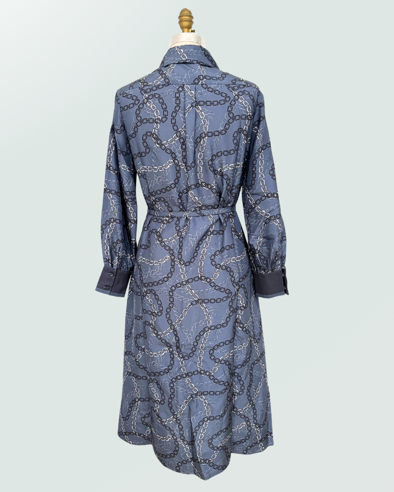 SILK SHIRT DRESS WITH BELT PRINT: DEVON:  BLUE