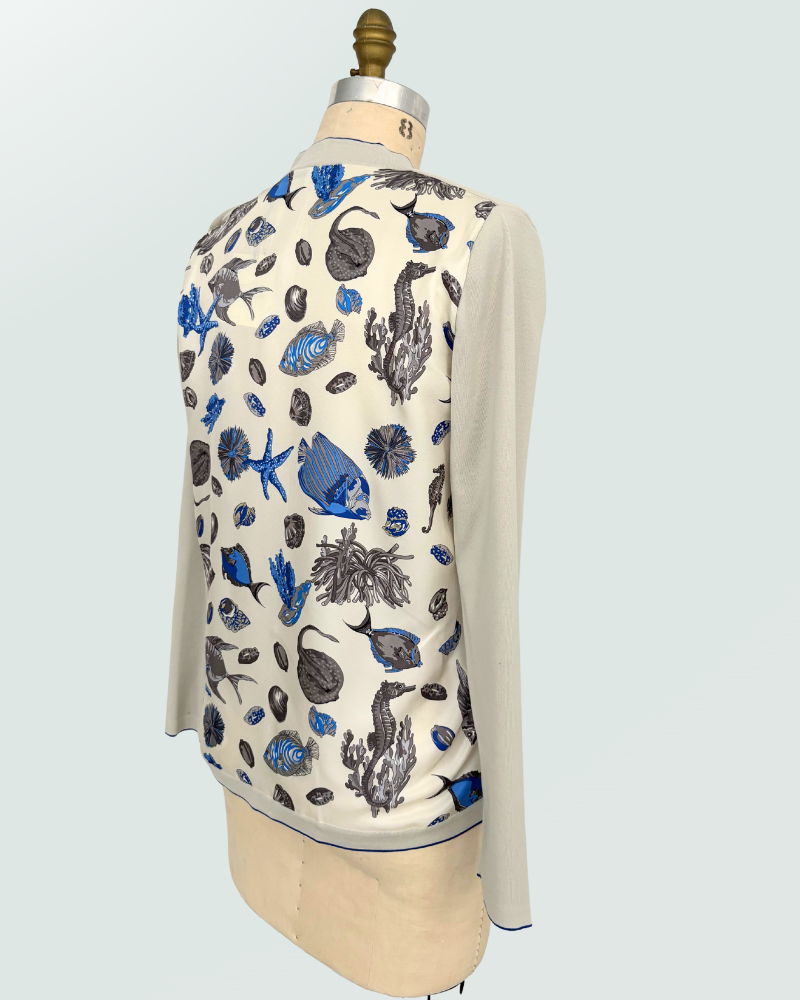 LONG CARDIGAN W/ BLUE SILK ON BACK