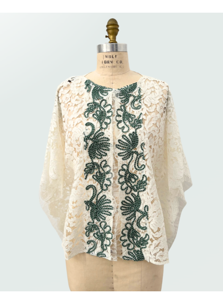 LACE EMBRODERY CAPE : GREEN-IVORY