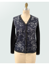 V-NECK CARDIGAN W/ SILK PRINT: CONSTELLATION NAVY BLUE-BLACK KNIT