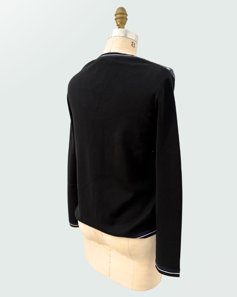 V-NECK CARDIGAN W/ SILK PRINT: CONSTELLATION NAVY BLUE-BLACK KNIT