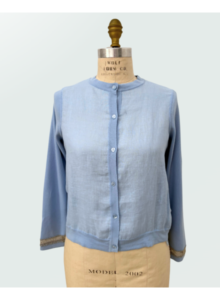 JEWELS EMBELLISHED CARDIGAN W/ LINEN, LIGHT BLUE