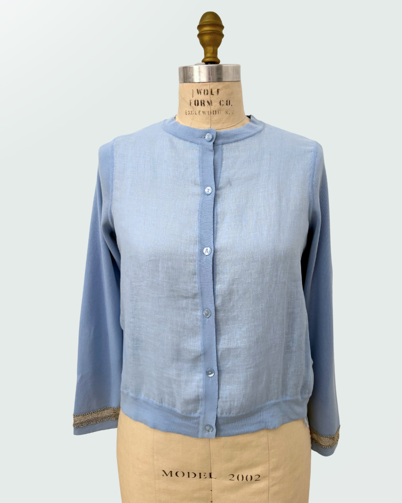 JEWELS EMBELLISHED CARDIGAN W/ LINEN, LIGHT BLUE