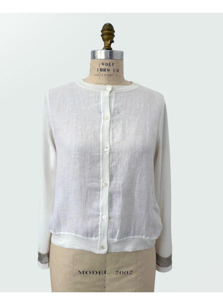 JEWELS EMBELLISHED CARDIGAN W/ LINEN, WHITE