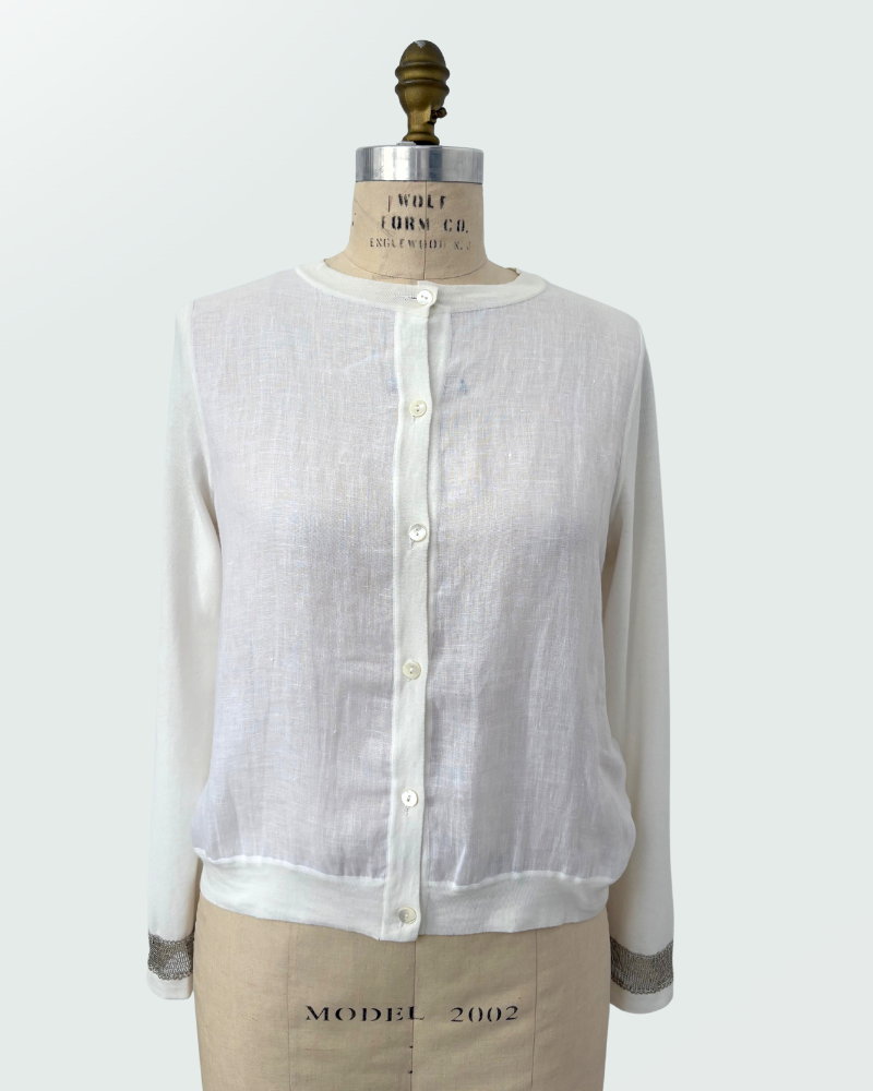 JEWELS EMBELLISHED CARDIGAN W/ LINEN, WHITE