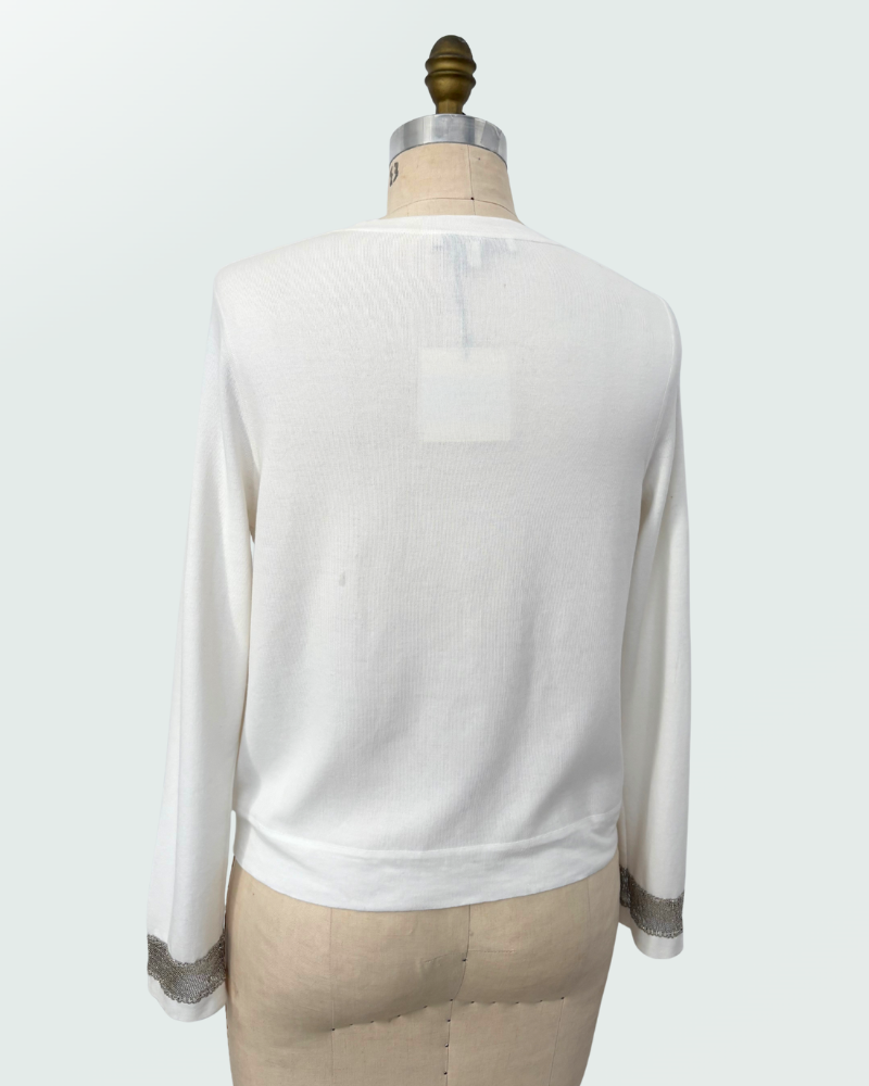 JEWELS EMBELLISHED CARDIGAN W/ LINEN, WHITE