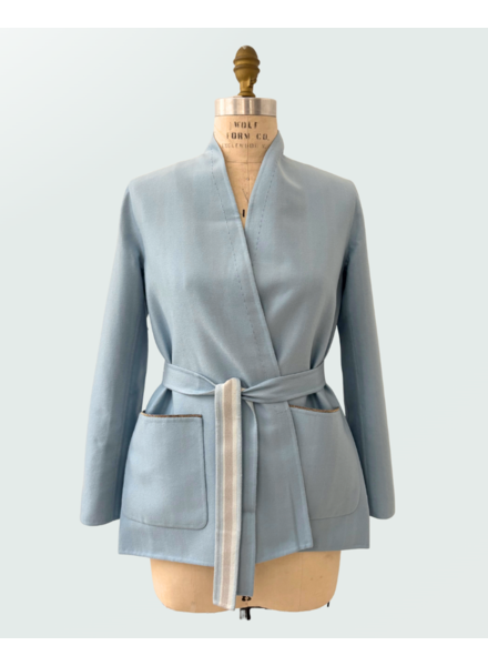 DOUBLE FACE CASHMERE DUSTER W/ CHAIN DETAIL: LIGHT BLUE-BLUE STRIPES