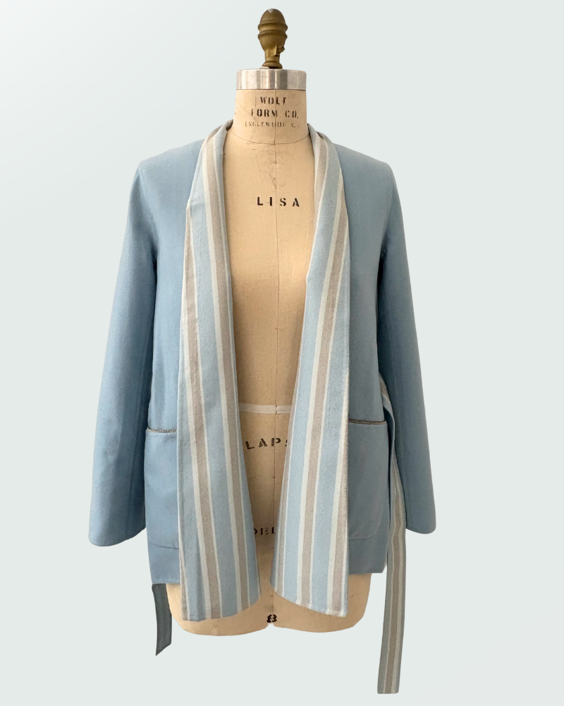 DOUBLE FACE CASHMERE DUSTER W/ CHAIN DETAIL: LIGHT BLUE-BLUE STRIPES