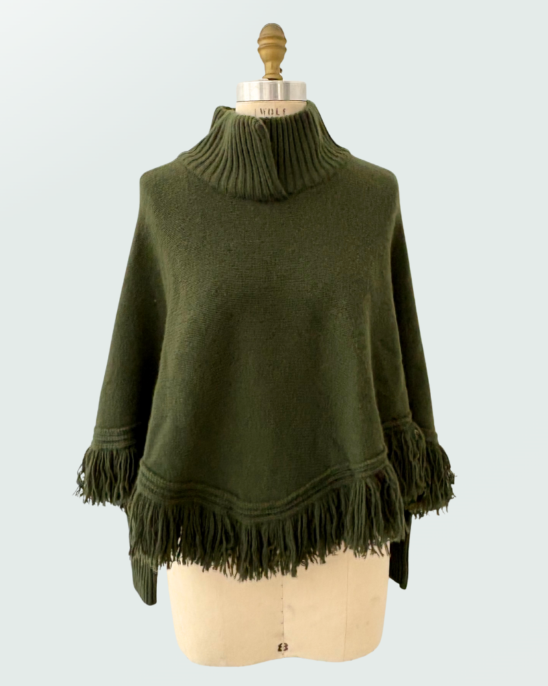 FRINGE PONCHO: 100% CASHMERE: LODEN