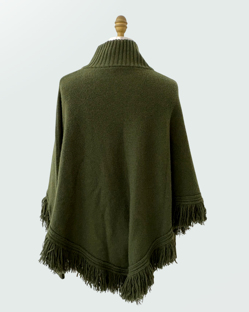 FRINGE PONCHO: 100% CASHMERE: LODEN
