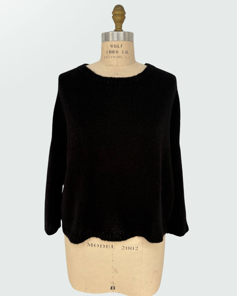 CASHMERE CREWNECK W/ VELVET DETAIL: BLACK