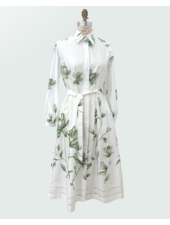 BUTTON-DOWN SHIRT DRESS: GREEN FLORAL EMBROIDERY ON IVORY