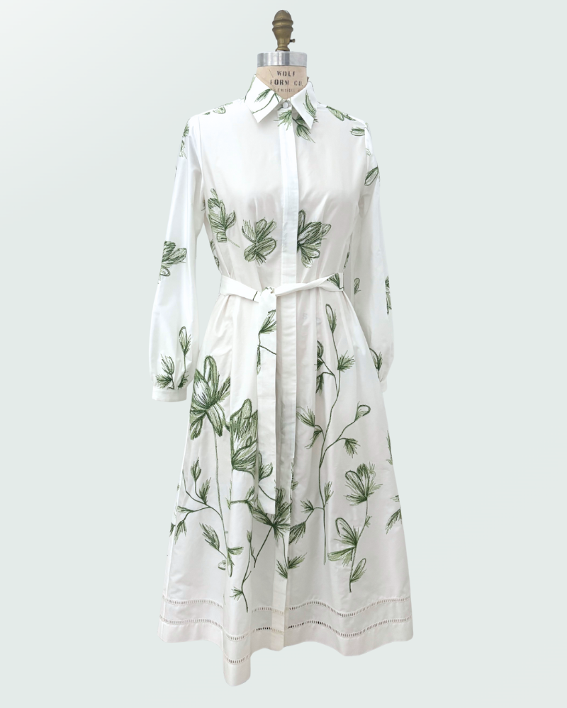 BUTTON-DOWN SHIRT DRESS: GREEN FLORAL EMBROIDERY ON IVORY