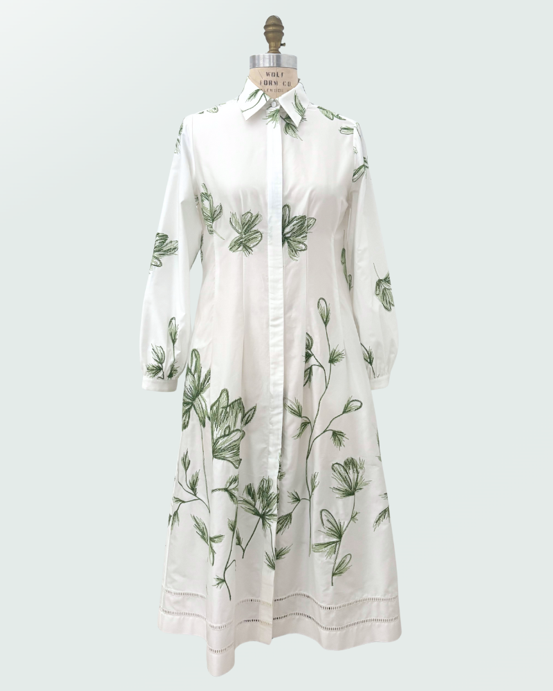BUTTON-DOWN SHIRT DRESS: GREEN FLORAL EMBROIDERY ON IVORY
