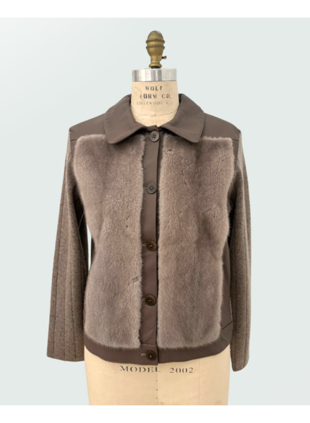 KNIT LEATHER AND MINK JACKET: TAUPE