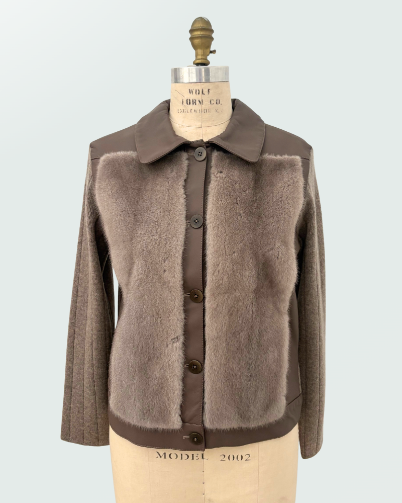 KNIT LEATHER AND MINK JACKET: TAUPE