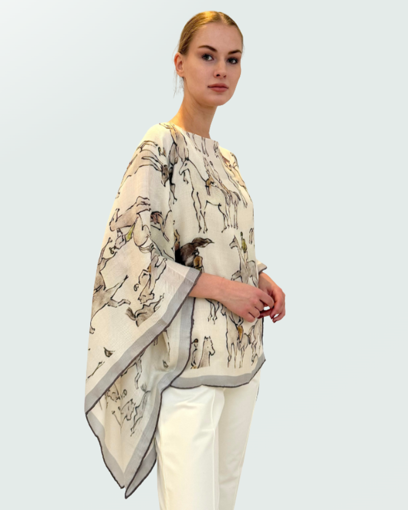 CASHMERE PRINTED PONCHO: KENSINGTON: BEIGE