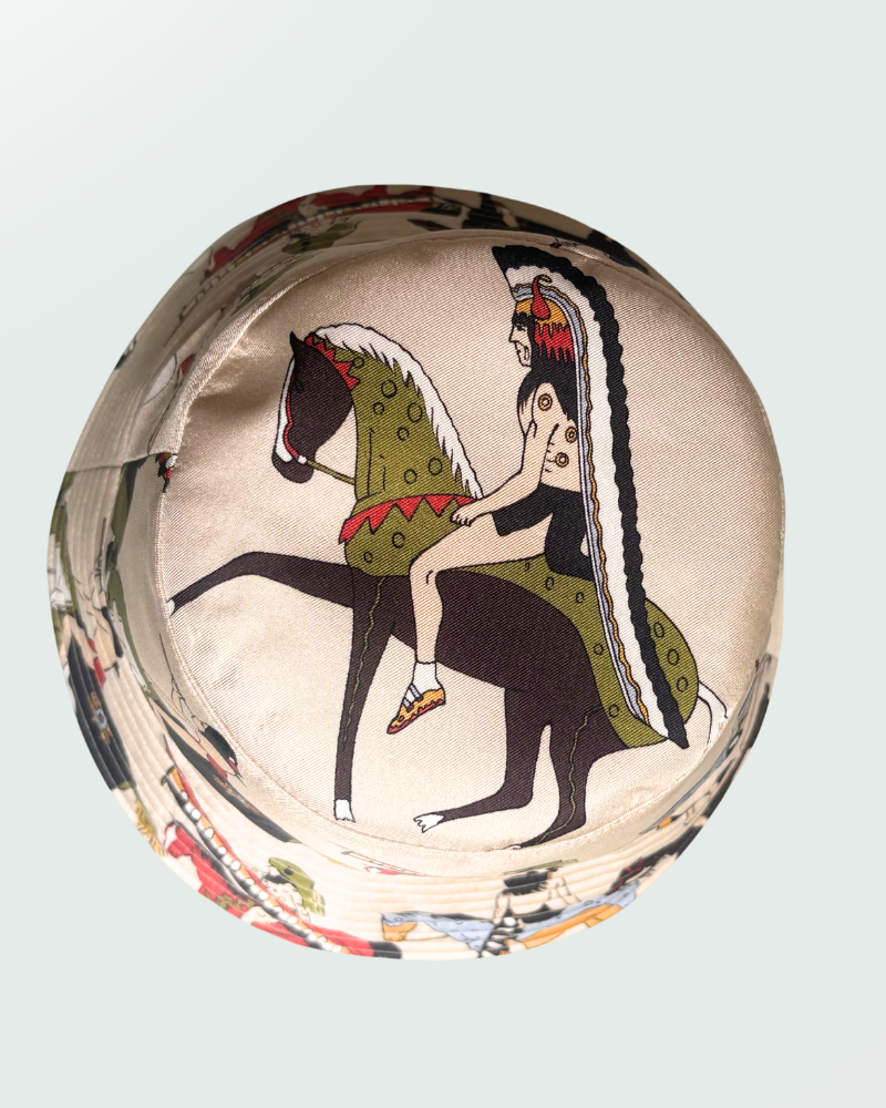PRINTED SILK BUCKET HAT: NATIVE AMERICAN : BEIGE