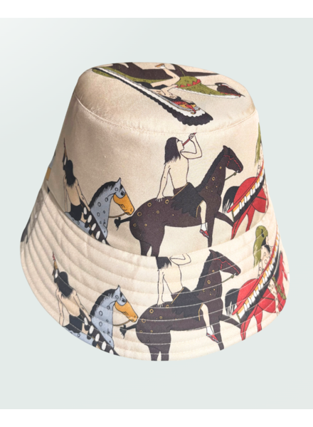 PRINTED SILK BUCKET HAT: NATIVE AMERICAN : BEIGE