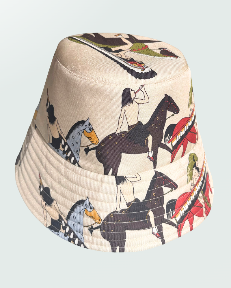PRINTED SILK BUCKET HAT: NATIVE AMERICAN : BEIGE