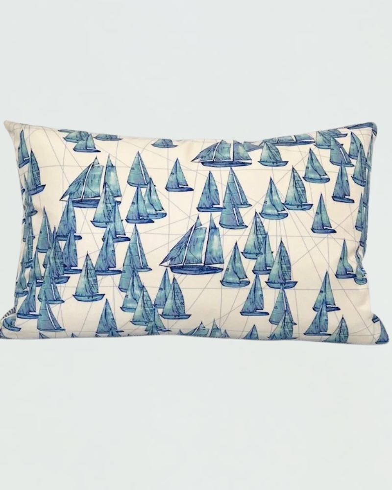 SILK PRINTED PILLOW: BOAT/ ZIG ZAG : BLUE 12"X18"