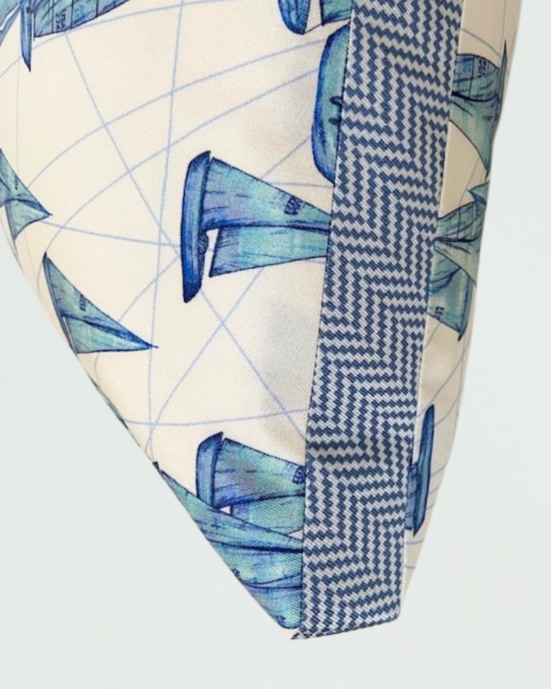 SILK PRINTED PILLOW: BOAT/ ZIG ZAG : BLUE 12"X18"
