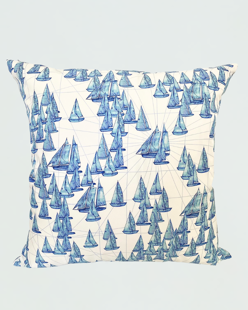 SILK PRINTED PILLOW: BOAT/ ZIG ZAG : BLUE 21"X21"