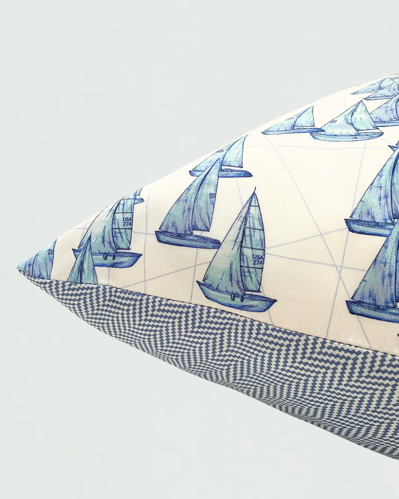 SILK PRINTED PILLOW: BOAT/ ZIG ZAG : BLUE 21"X21"