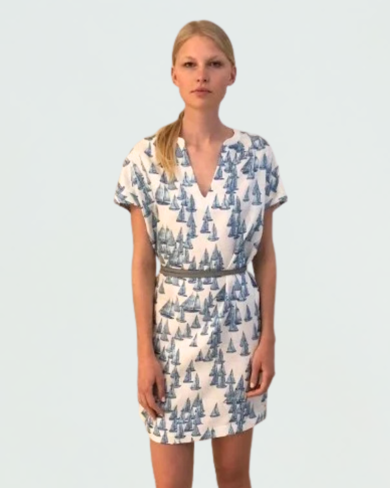 SILK V-NECK DRESS: BOAT BLUE