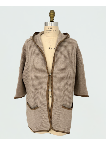 WAFFLE STITCH SWEATER W/ HOOD AND LEATHER , SAND