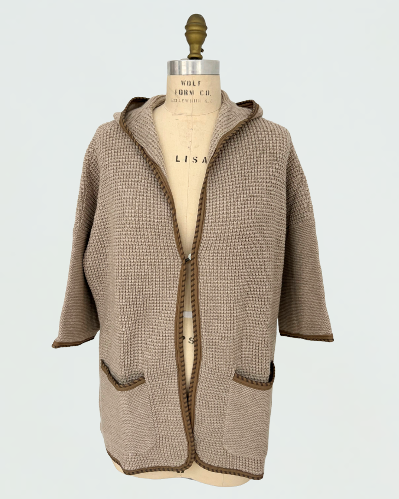 WAFFLE STITCH SWEATER W/ HOOD AND LEATHER , SAND