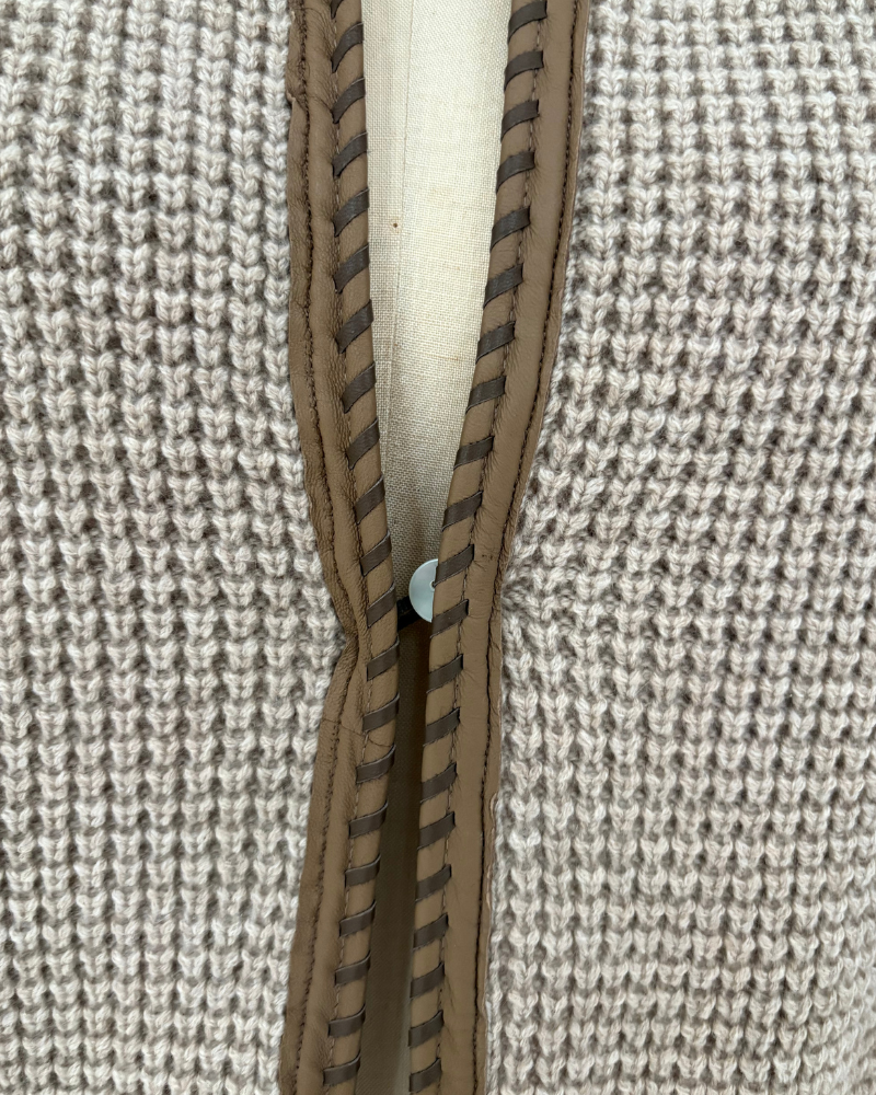 WAFFLE STITCH SWEATER W/ HOOD AND LEATHER , SAND
